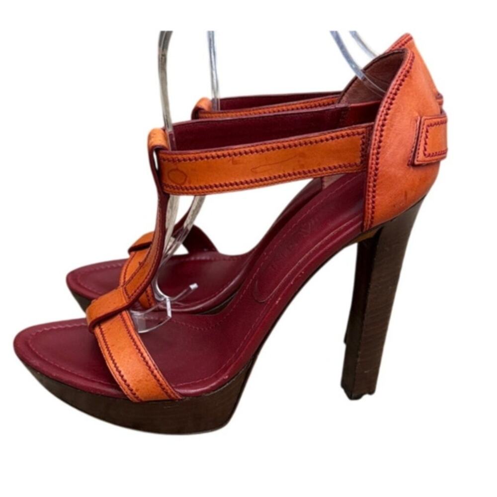 YSL Rive Gauche Leather T-Strap Platform Sandals Orange Burgundy 38 US 8 Y2K